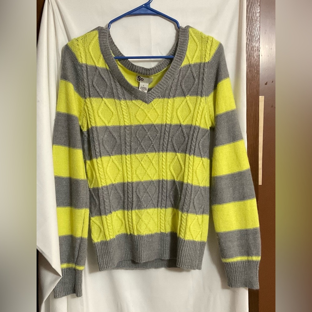 SO: women vneck long sleeve open knit large grey and neon yellow strips sweater